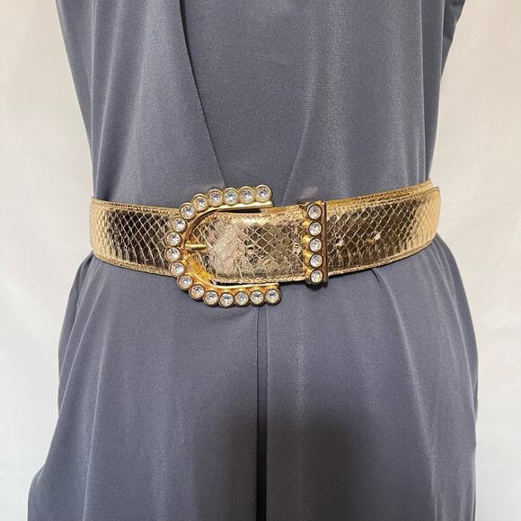 VINTAGE Y2K Gold Snakeskin Wide Belt Womens M/L Bling Rhinestone Stud Cowgirl - Picture 1 of 11